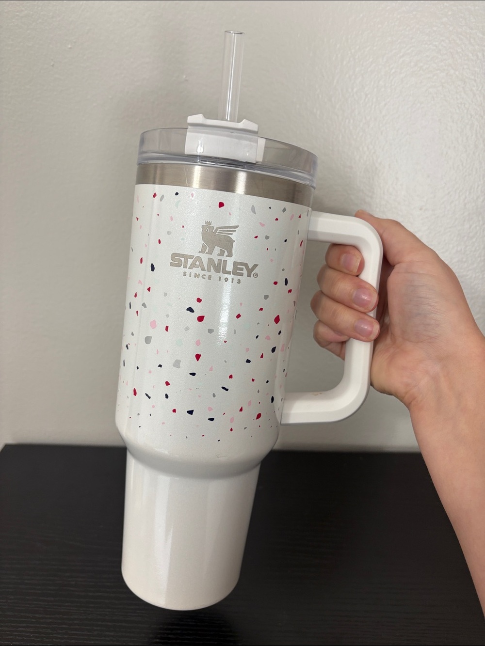 Stanley White Speckled Travel Tumbler with Handle and Straw